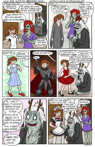 Page 144 from the comic Love and Hex. Full transcript: https://crookedgoat.ca/comic/144/#comic-page  Tamidla gets a new wardrobe.