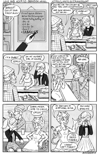 Page 153 from the comic Love and Hex. Full transcript: https://crookedgoat.ca/comic/153/#comic-page. Maki and Tamilda try to trick the bartender into serving them.