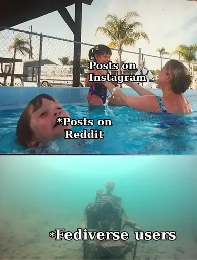 This image is a popular Internet meme format known as the "Mother Ignoring Kid Drowning In A Pool Meme".The meme contrasts different levels of attention platforms receive, with "Posts on Instagram" getting the most focus while "Fediverse users" are depicted as neglected or forgotten.