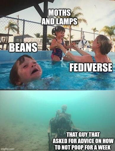 A woman labeled "Fediverse" is paying attention to her child labeled "moths and lamps" in a pool, while another child labeled "beans" struggles not to drown beside them. Below is a skeleton deep under water labeled "that guy who asked for advice on how to not poop for a week".