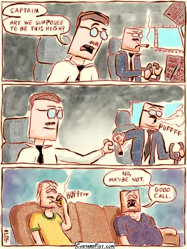 - - - This is a comic strip - - - Two airline pilots are sitting in the cockpit of a plane in flight. The copilot is getting worried. Copilot: CAPTAIN, ARE WE SUPPOSED TO BE THIS HIGH?  The pilot blows out a puff of smoke and hands the copilot a joint.  Then it turns out they are not actually in a cockpit. They’re just two stoners on a couch, being high as a kite. Pilot: NO, MAYBE NOT. GOOD CALL.