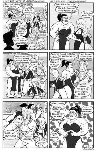 Page 148 from the comic Love and Hex. Full transcript: https://crookedgoat.ca/comic/148/#comic-page  Charlie is introduced into society.