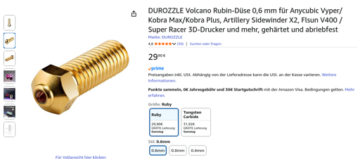 Screenshot of the german Amazon shop showing a "Volcano Ruby-Nozzle 0.6mm" from DUROZZLE