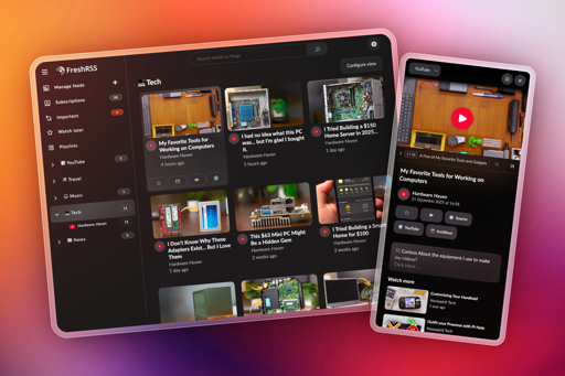 Preview of Youlag for FreshRSS in desktop and mobile view.